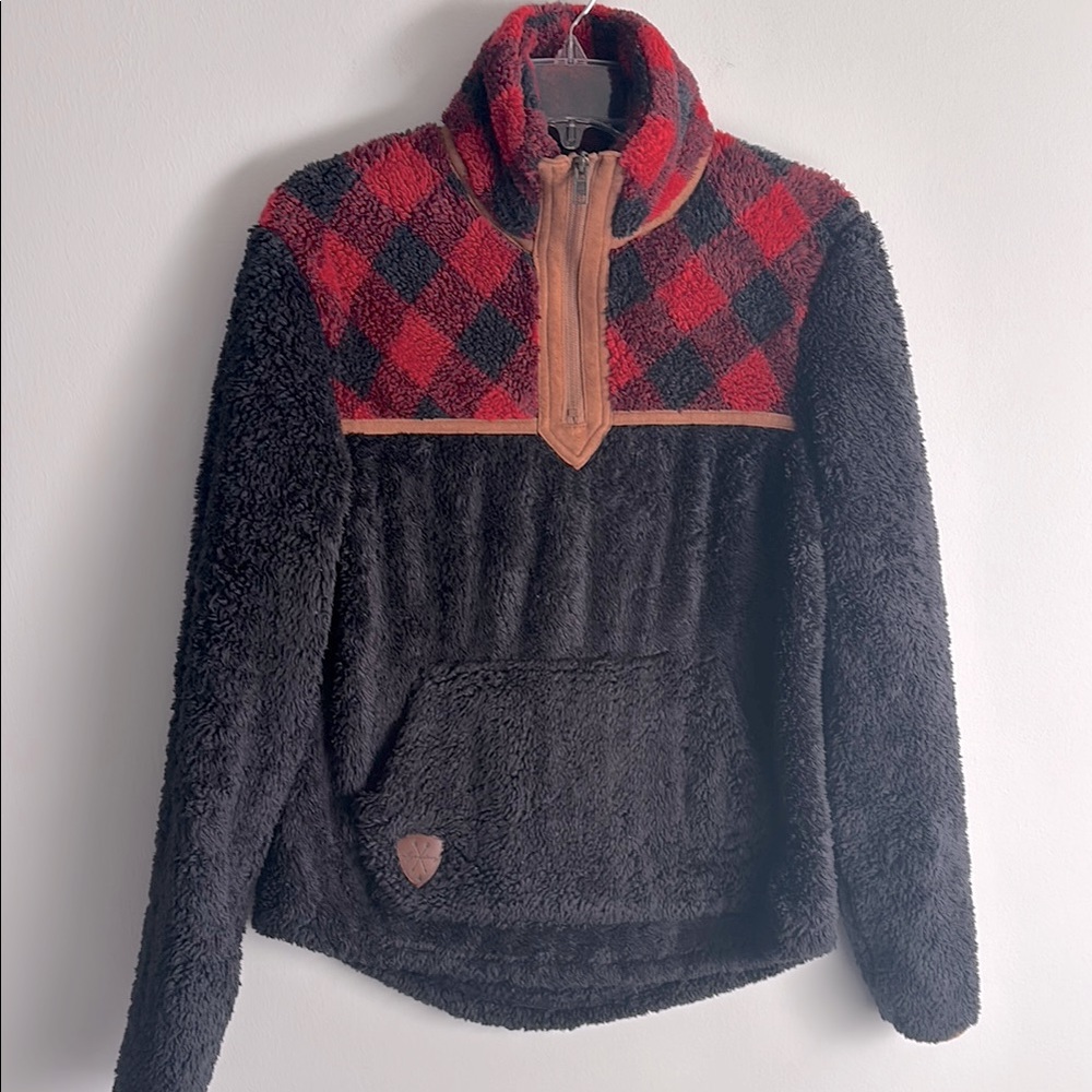 Legendary Whitetails buffalo plaid black quarter zip fleece faux leather trim